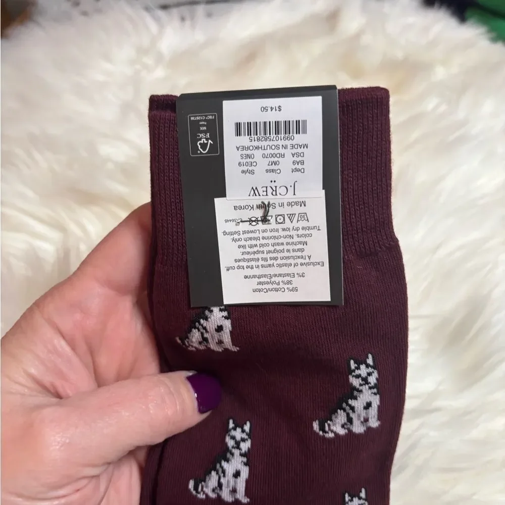 J. Crew Burgundy Socks with Huskie Pattern